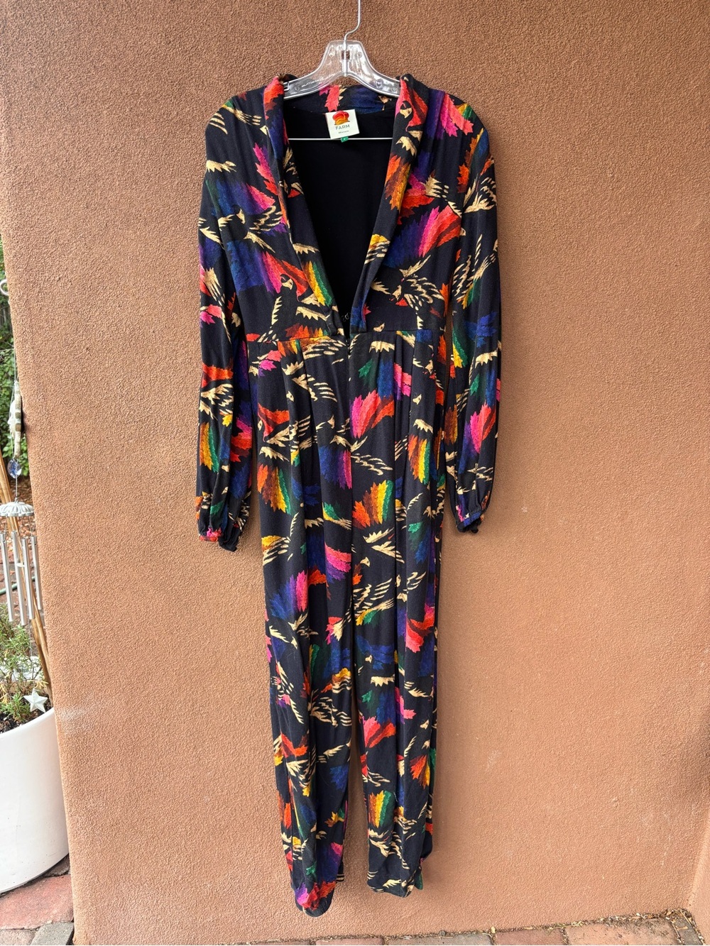 FARM Rio Black Macaw Multicolor Long-Sleeve Jumpsuit size small